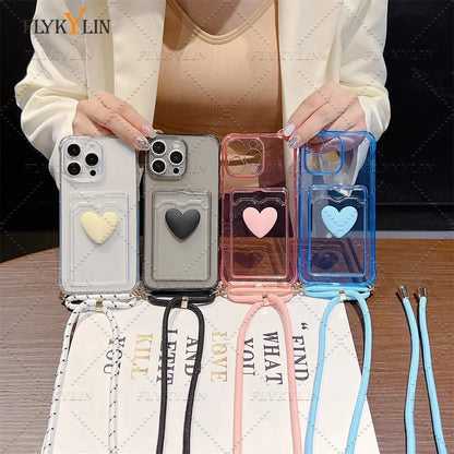 Crossbody Necklace Strap Cord Love Heart Card Holder Wallet Case For POCO X7 X6 X5 Pro X3 Xiaomi 14T 13T 12T 11 Lite Clear Cover