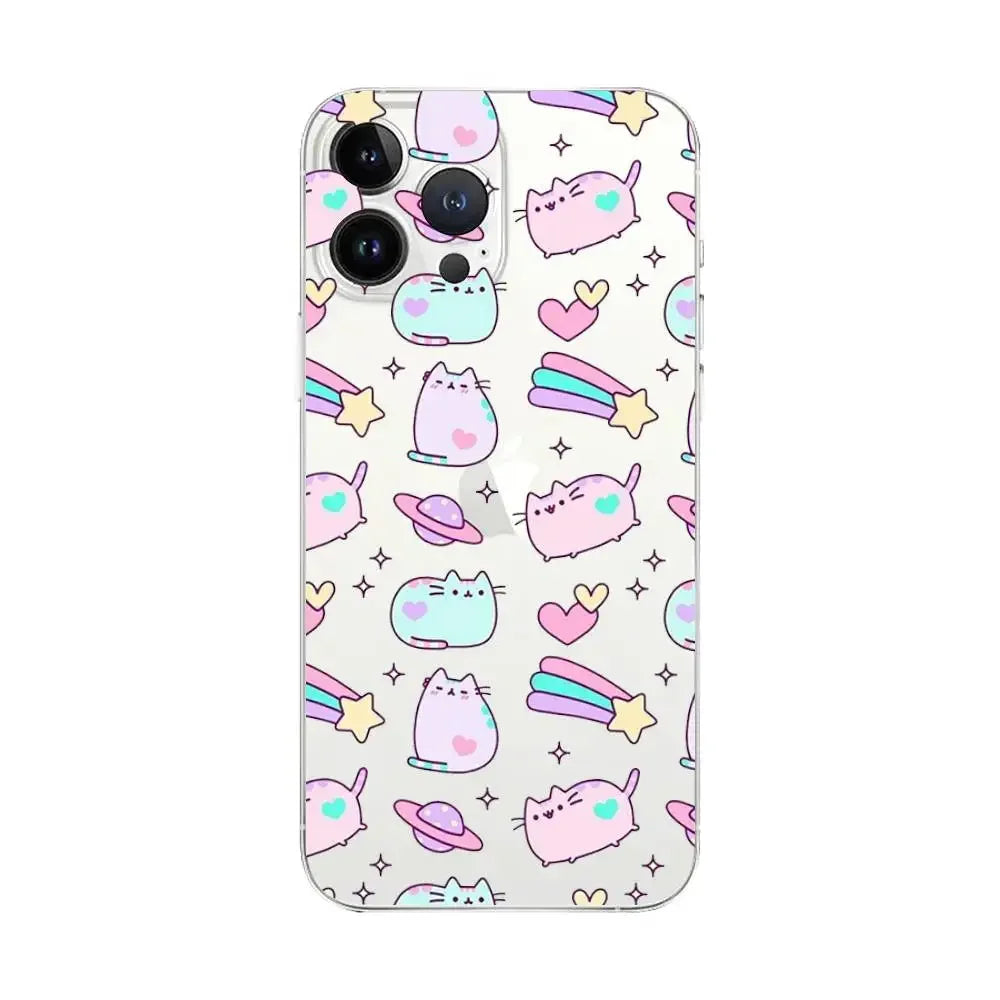Cute Cartoon Cat P-Pusheens Phone Case Transparent For IPhone 16 15 11 13pro Max 14Plus X Xr Xs Max 12mini - Clear Cover
