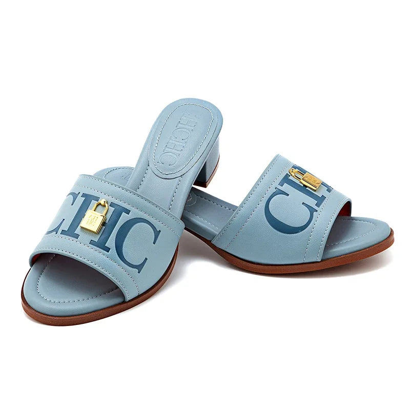 CH Fashion Monogram Print Elegant Design Women's Low Heeled Slippers Solid Color High Quality Metal Lock Simple Single Shoes.