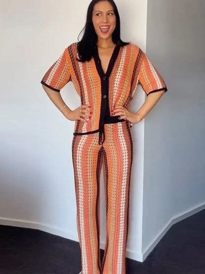 Casual Stripe Knitted Shirt Pants Set Women Hallow Out Half Sleeve Lapel Top Straight High Waist Trousers Fashion Beach Set