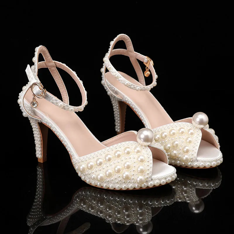 Luxury All Pearls Rhinestones Peep toe Women Sandals Fashion Ankle Strap Platform Thin High heels Elegant Bridal Wedding Shoes