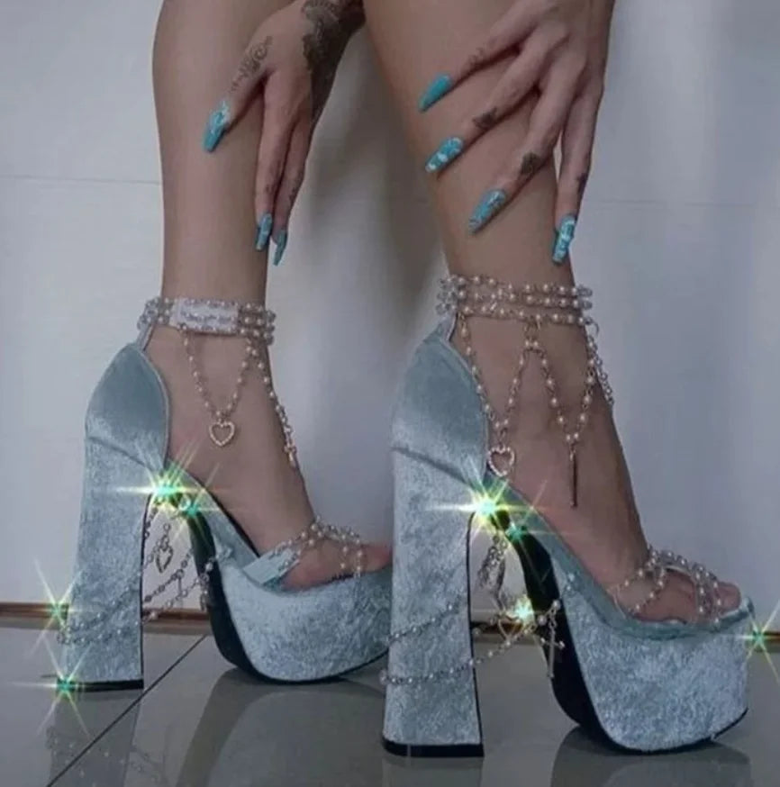 Women's Pink Velvet Platform High Heel Ankle Strap Sandals Sweet Punk Pearl Chain Heart Cross Thick Heel Party Dress Shoes