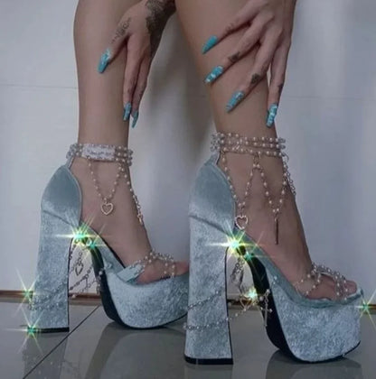 Women's Pink Velvet Platform High Heel Ankle Strap Sandals Sweet Punk Pearl Chain Heart Cross Thick Heel Party Dress Shoes