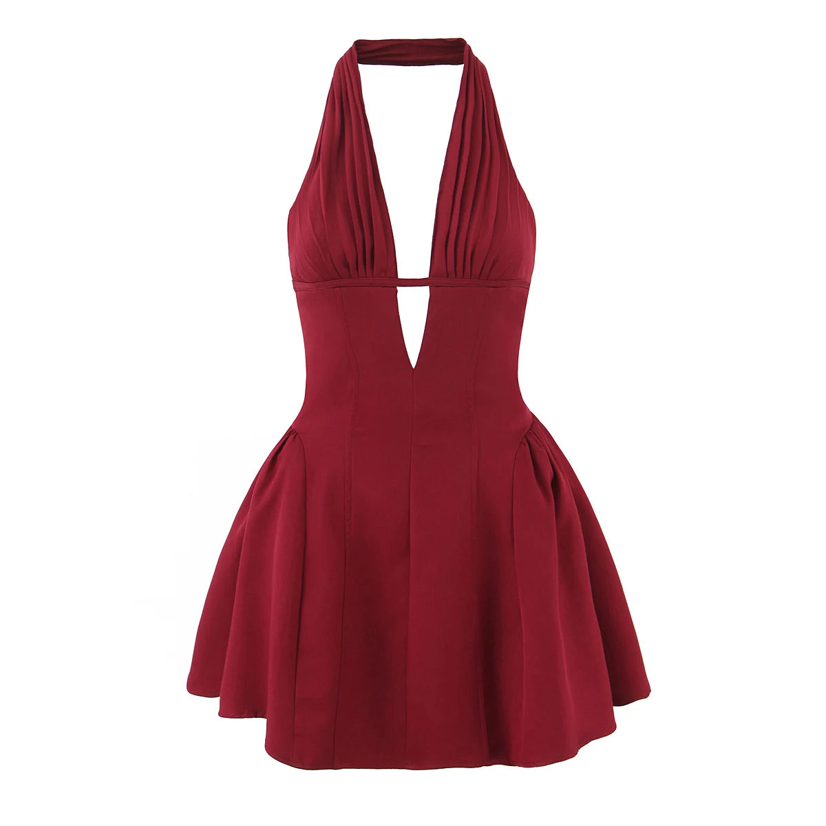 2025 Sexy Dark Red Pleated Ruched Halter Dress Women Deep V neck Slim Low Waist Swing Ball Gown Short Dresses Robe Vestidos
