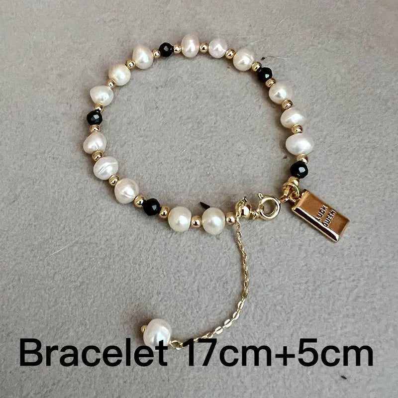 Classic Temperament Natural 5-6mm Freshwater Pearl Necklace Bracelet For Women  Copper Plated 14k Gold Accessories