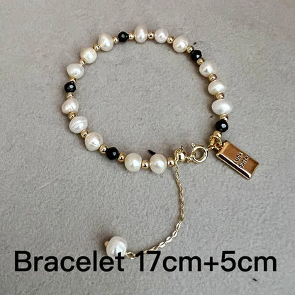 Classic Temperament Natural 5-6mm Freshwater Pearl Necklace Bracelet For Women  Copper Plated 14k Gold Accessories