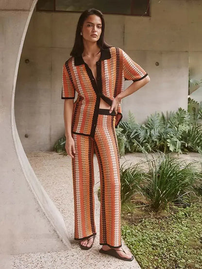 Casual Stripe Knitted Shirt Pants Set Women Hallow Out Half Sleeve Lapel Top Straight High Waist Trousers Fashion Beach Set