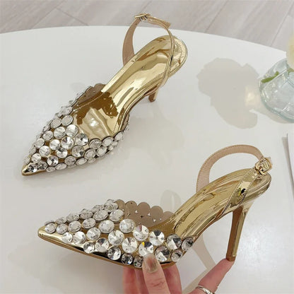 Aneikeh Fashion Stiletto Pumps Summer Silvery Rhinestone Hollow Strap High-heeled Sandals Women Wedding Banquet Shoes