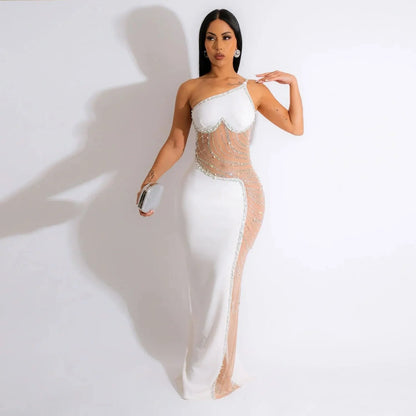 Sexy Pearl Rhinestone See-through Lace Dress K9066 Sleeveless Style from Mainland China Brand None AE Stock