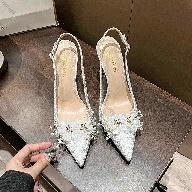 French Bride Gold Wedding Shoes for women Thin Heel Pointed Shallow Mouth Flower Rhinodrill High Heels Bao Head Fashion Sandals