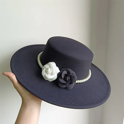 French Black Big Brim Top Hat Women Elegant Retro Style Flat-top Fedora Hat British Pearl Floral Wide Brim Hat Photography