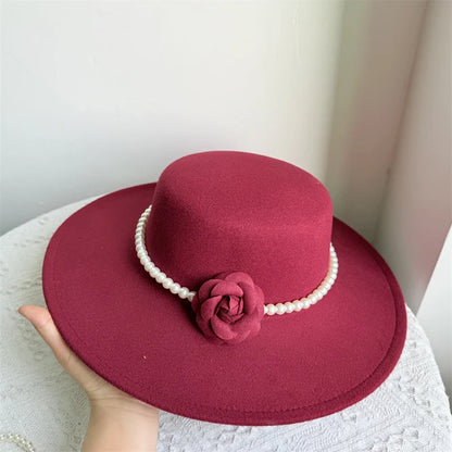 French Black Big Brim Top Hat Women Elegant Retro Style Flat-top Fedora Hat British Pearl Floral Wide Brim Hat Photography