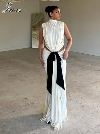Joskaa 2025 Women's Bowknot Cutout Maxi Mermaid Dresses Sexy O-Neck Sleeveless Backless Bodycon Party Dress Evening Clubwear