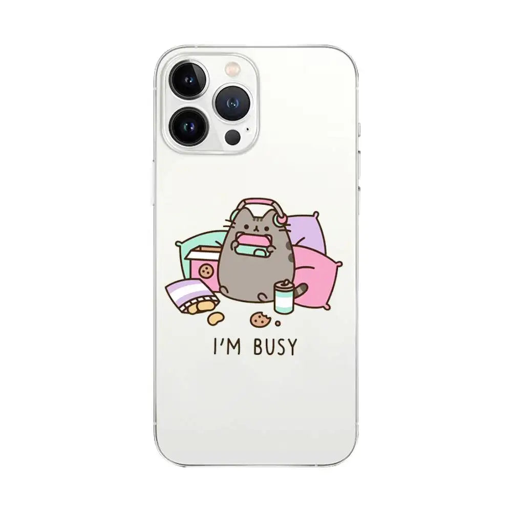 Cute Cartoon Cat P-Pusheens Phone Case Transparent For IPhone 16 15 11 13pro Max 14Plus X Xr Xs Max 12mini - Clear Cover