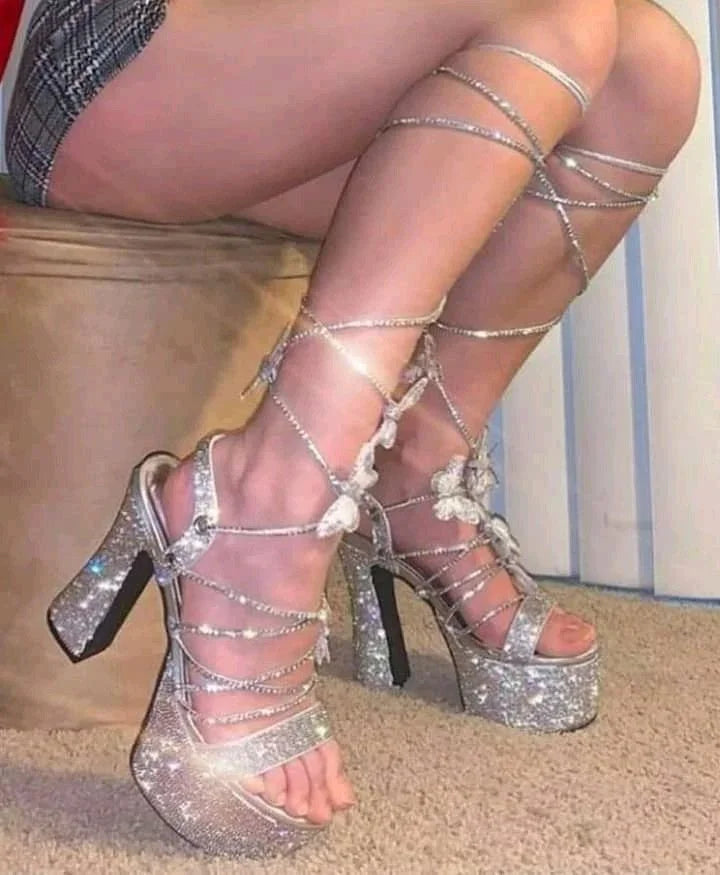 Silver Platform Crystal Bling Butterfly Strappy Sandals 2025 Summer New Sexy Open Thick High Heels Fashion Ladies Party Sandals