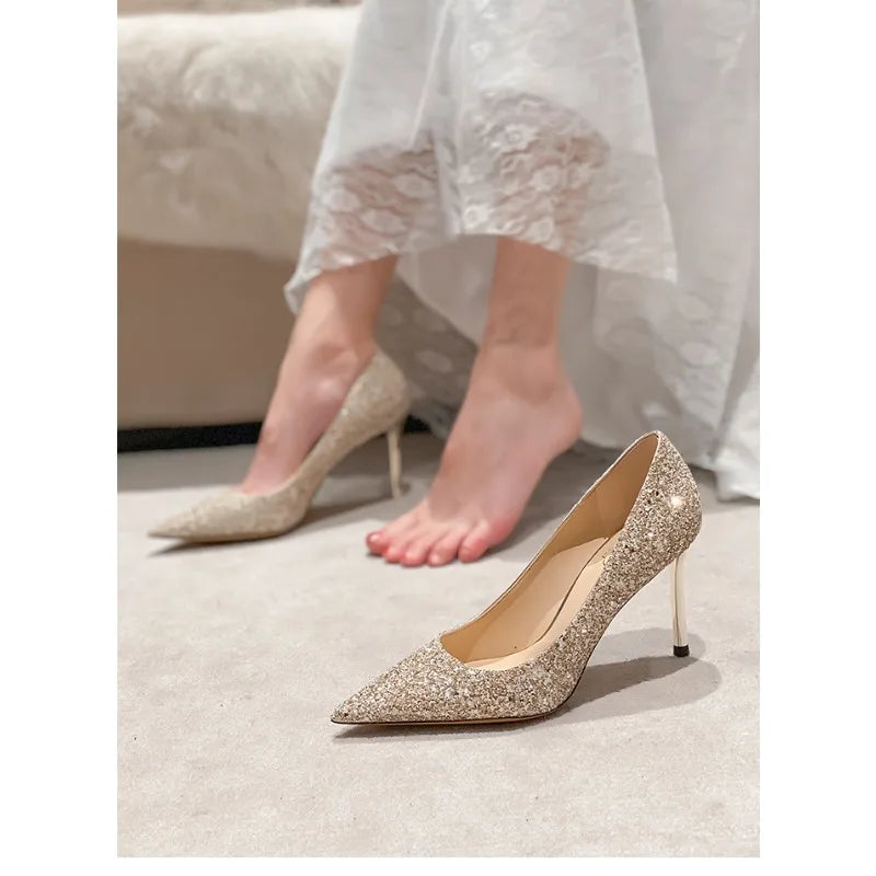 New Fashion Women's High Heels Sequins Glitter Luxury Designer Pumps Plus Size Wedding Bridal Gold Shoes Zapatos Mujer