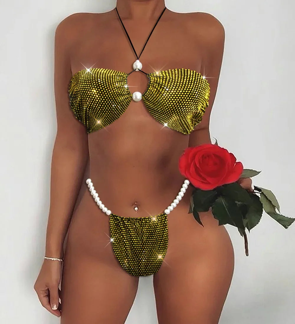 Sparkling Rhinestone Triangle Bikini Set Sexy Pearl Diamond Mesh Swimsuit Hollow Out Halter Bandage Women Swimwear Bathing Suit