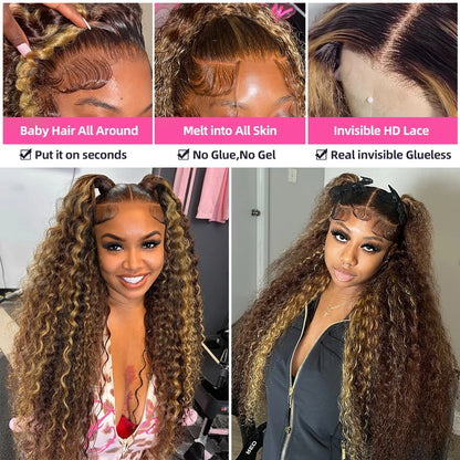 30 32 Inch 13x4 13x6 HD Highlight Ombre Curly Lace Frontal Human Hair Wigs Honey Blonde Colored Deep Wave Frontal Wigs For Women