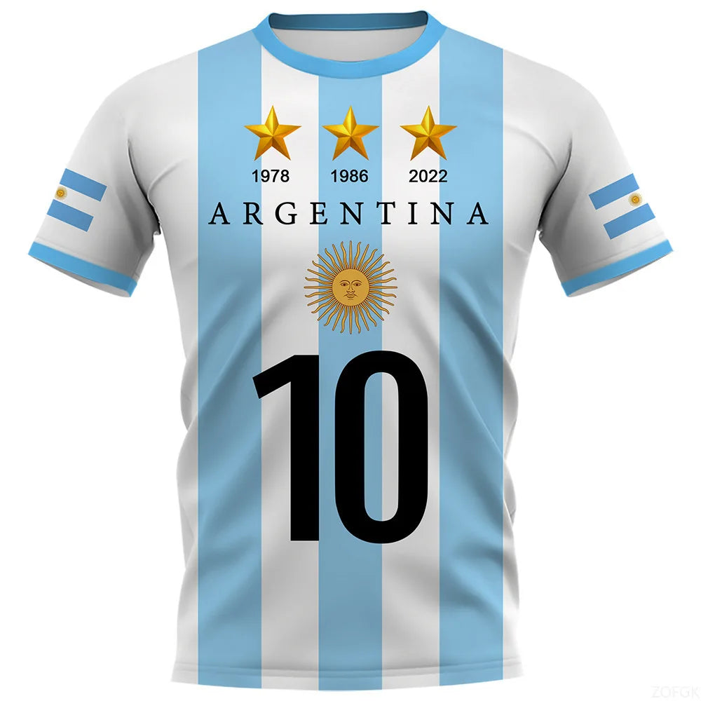 2023 New World Cup Football Argentina 3-star Champions League Jersey Messi No.10 3D Digital Printed T-shirt