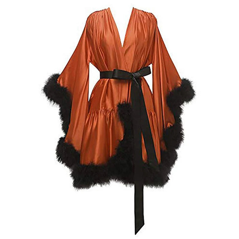 Ostrich Feathers Good Quality in Stock Women Lingerie Fur Robe Luxury Silk Prom Dress Party Gowns Sexy Evening Elegant Dress