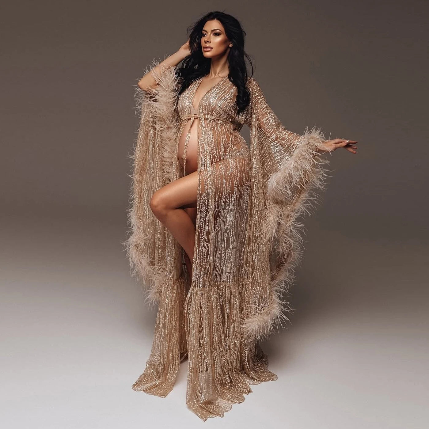 Sparkle Sequins Lace Maternity Dresses Photoshoot платье для беременных Feathers Maternity Robe Cape Pregnancy Dress Shoot Props