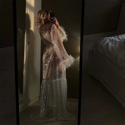 Women Bride's Wedding Morning Luxury Bridal Robe Dress Coquette Transparent Shiny Robe Maxi Dresses for Ladies Club Party