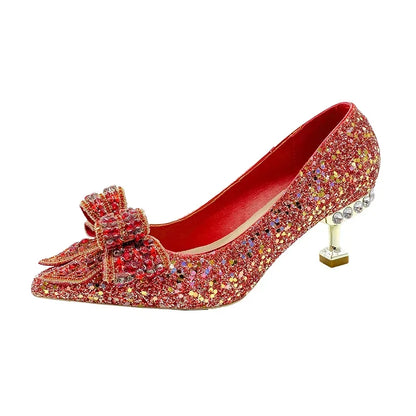 New  Women's Rhinestone Wedding Shoes Year Shoes Luxury Buckle Decorative Banquet Women's Shoes High Heels Gold Silver Red