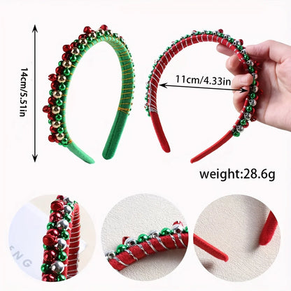 Festive Christmas Headband with Red & Green Beads,Golden Accents & Bell Charms -Wrapped Party Accessory for Holiday Celebrations