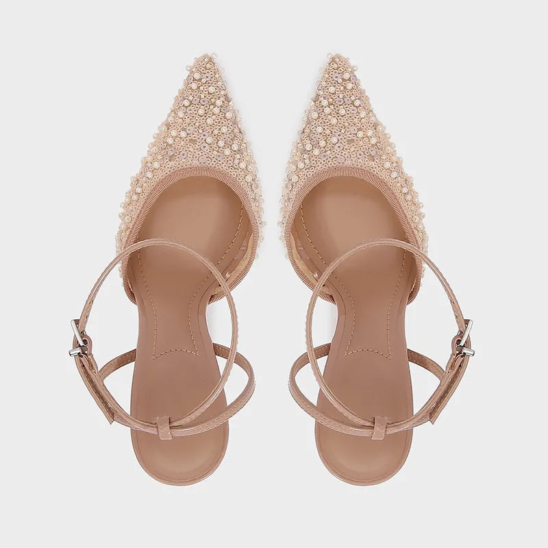 Luxury Bling String Bead Mesh Designer Pumps Women Sexy Pointed Toe Ankle Strap High Heels Elegant Party Wedding Heeled Sandals