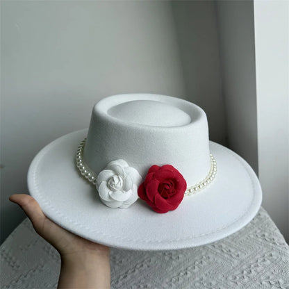 French Black Big Brim Top Hat Women Elegant Retro Style Flat-top Fedora Hat British Pearl Floral Wide Brim Hat Photography