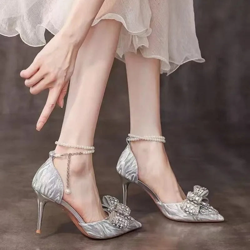 Bow Crystal Shoes Women's Pointed Toe Shallow Mouth Pearl One Strap Non-Tired Feet Beaded Non-Slip Single Shoes