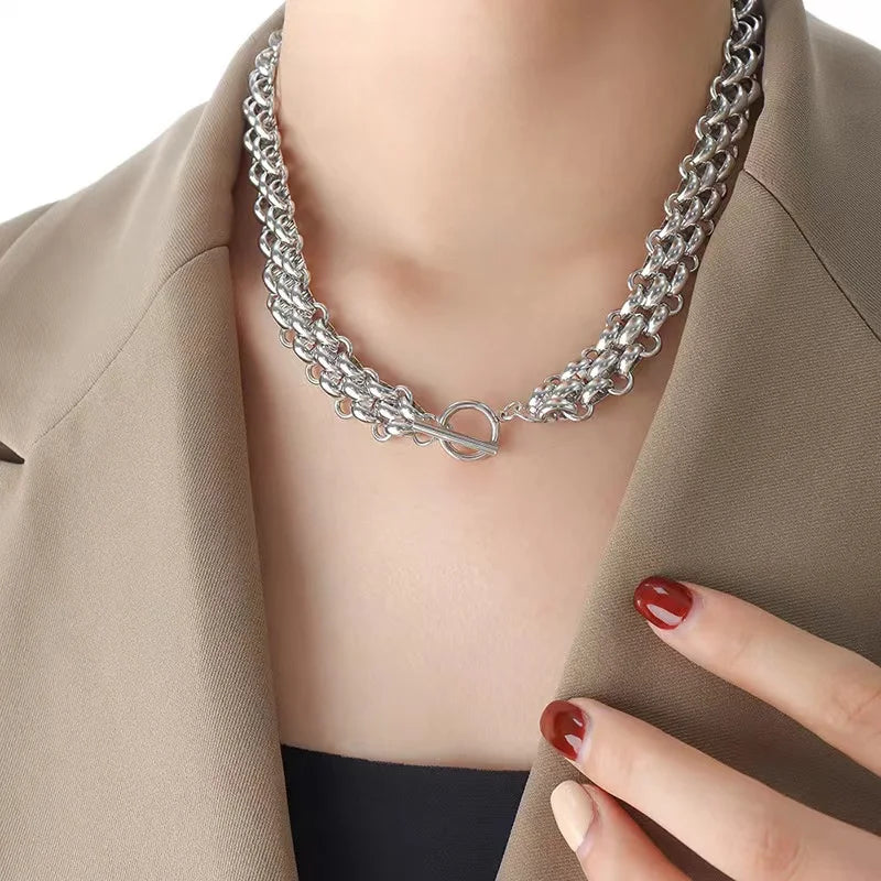 EILIECK 316L Stainless Steel Silver Color Cuban Chain Statement Necklace Bracelet Set Charm Fashion Women Waterproof Jewelry Set