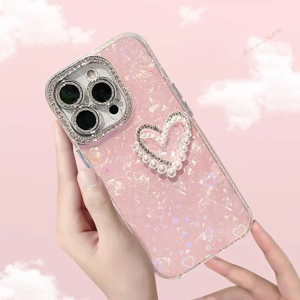 Bling Glitter Heart 3D Phone Case for iPhone 13 15 16 12 14 11 Pro Max Plus 16Pro Max Case Diamond Chain Pearl Protector Cover