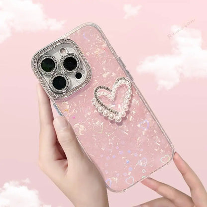 Bling Glitter Heart 3D Phone Case for iPhone 13 15 16 12 14 11 Pro Max Plus 16Pro Max Case Diamond Chain Pearl Protector Cover