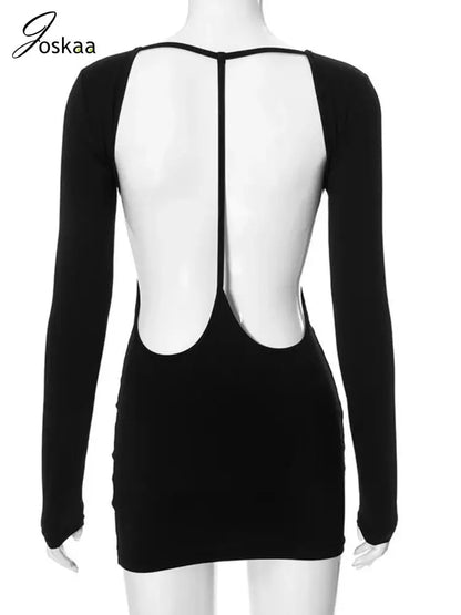 Joskaa Elegant Hollow Out Mini Black Dress Women Sexy O-Neck Long Sleeve Backless Body-Shaping Vestidos Autumn Party Clubwear