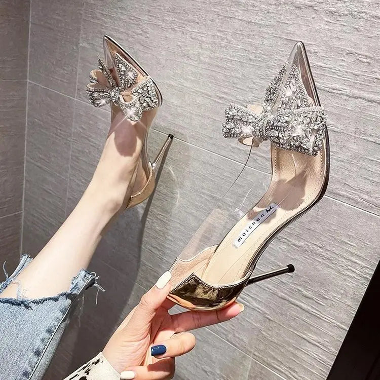 Spring New Pointed Toe High Heel Sexy Transparent Slow Water Diamond  Knot Faion ow Single oes Silver Weddi...