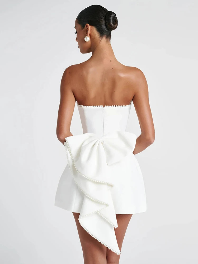 Mozision Pearl Strapless Sexy Mini Dress Women Robe Fashion Bow Backless Off-shoulder High Waist Club Party Dress Elegant