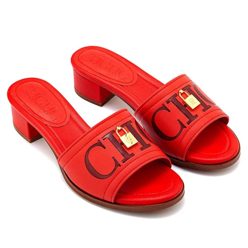 CH Fashion Monogram Print Elegant Design Women's Low Heeled Slippers Solid Color High Quality Metal Lock Simple Single Shoes.