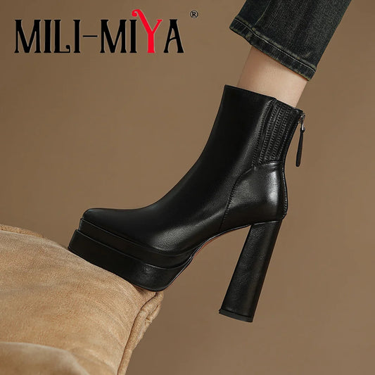 MILI-MIYA Fashion Pointed Toe Women Full Genuine Leather Ankle Boots Solid Color Thick Heels Zippers Dress Party Shoes For Lady