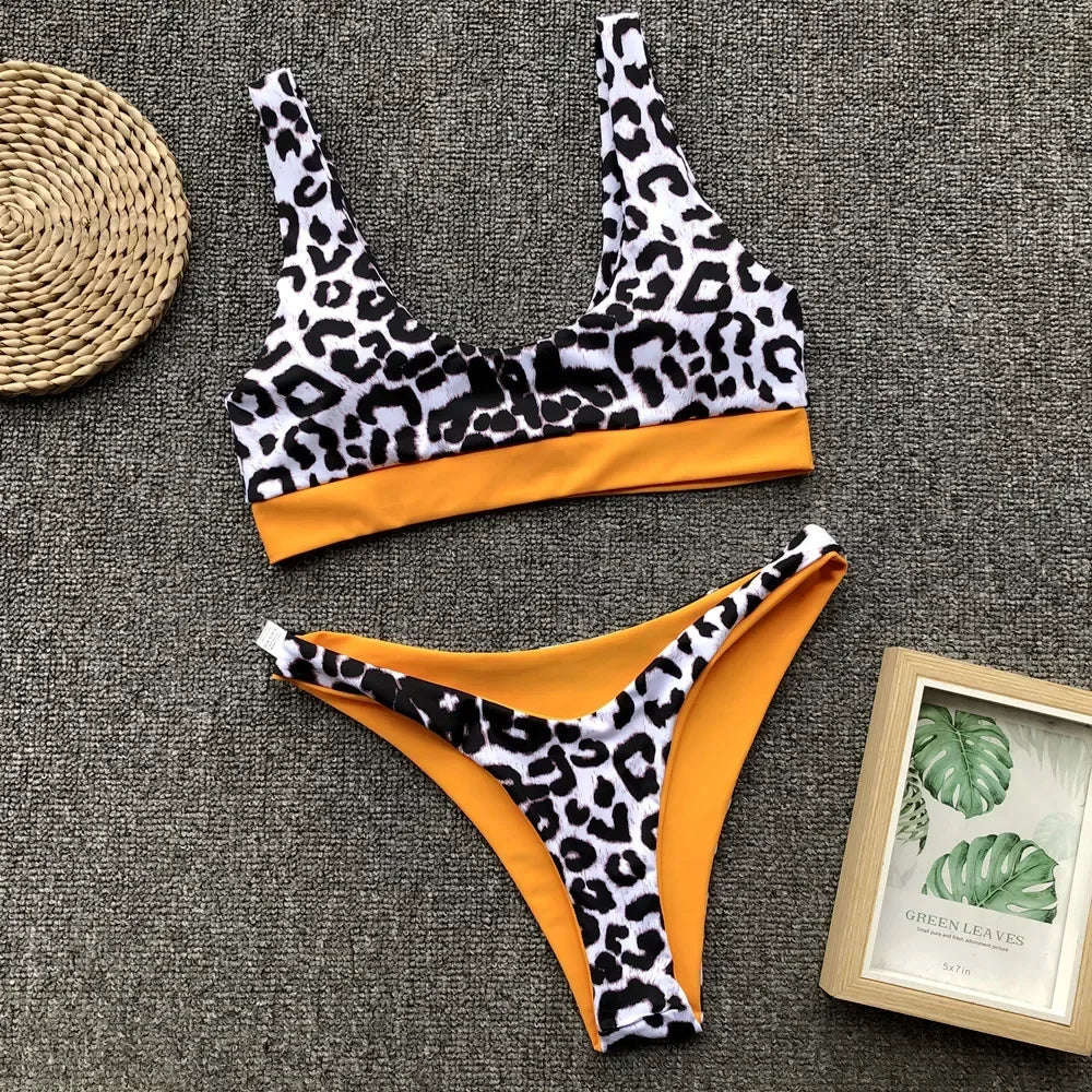 2025 Sexy Bikini Women Swimwear Swimsuit Push Up Leopard Patchwork High Waist Bikinis Set Bathing Suit Beach Bikini Taille Haute