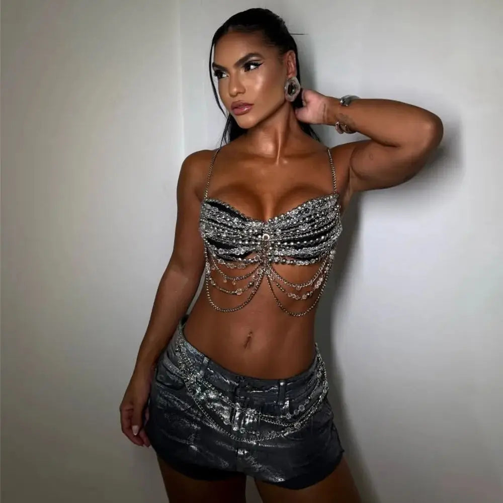 Metal Chain Openwork Top For Women Sexy Hot Girl Halter Neck Beaded Tank Top Nightclub Style Open Back Design Beach Battle Dress