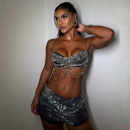 Metal Chain Openwork Top For Women Sexy Hot Girl Halter Neck Beaded Tank Top Nightclub Style Open Back Design Beach Battle Dress