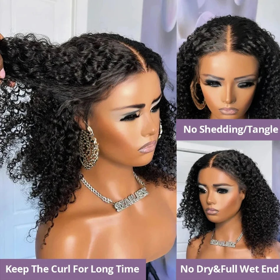 Glueless 8 to 16 Inch Kinky Curly Bob 100% Human Hair Wig Wear And Go Pre Plucked Lace Frontal Wigs For Women Perruque Raw Haïr