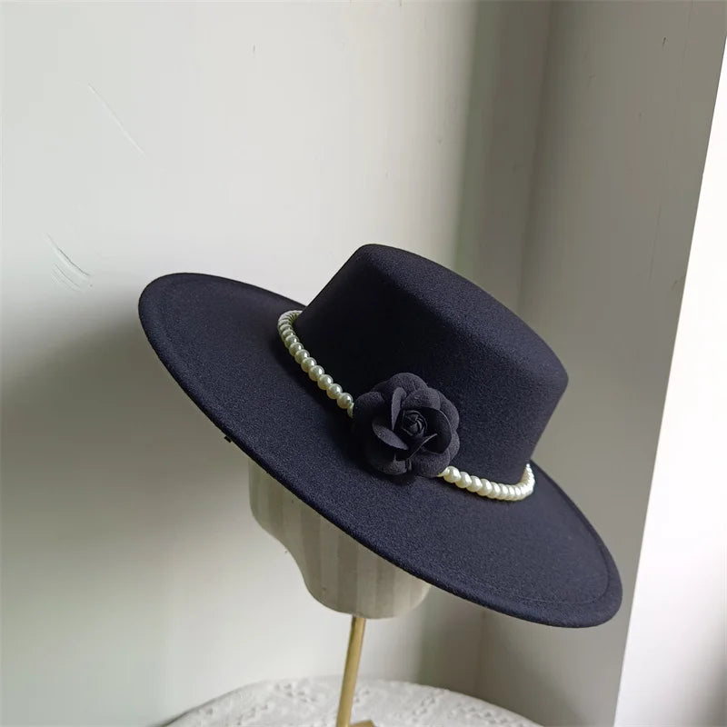 French Black Big Brim Top Hat Women Elegant Retro Style Flat-top Fedora Hat British Pearl Floral Wide Brim Hat Photography