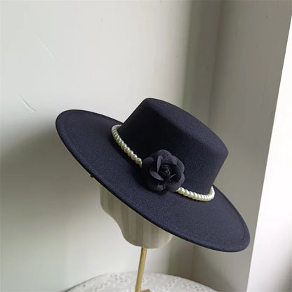 French Black Big Brim Top Hat Women Elegant Retro Style Flat-top Fedora Hat British Pearl Floral Wide Brim Hat Photography