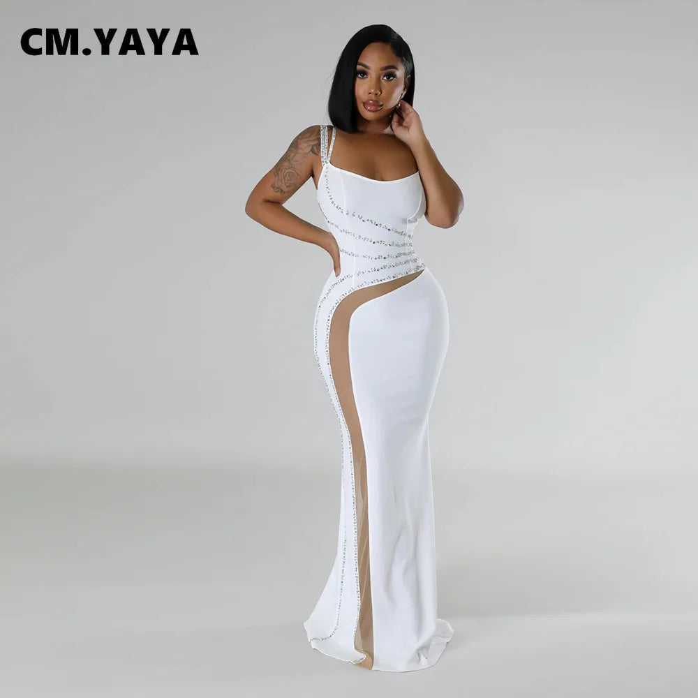 CM.YAYA Women Diamond Strapless Sleeveless Bodycon Long Maxi Dress Summer Streetwear Sexy Vestidos Night Party Evening Dresses