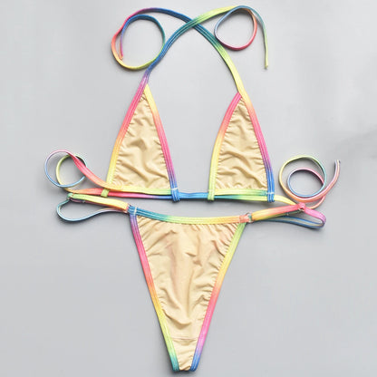 Women Bikini Sexy Three Point MultiColor Thin Straps Lace Up See Through Bikini Top + Panties Brazilian Biquinis