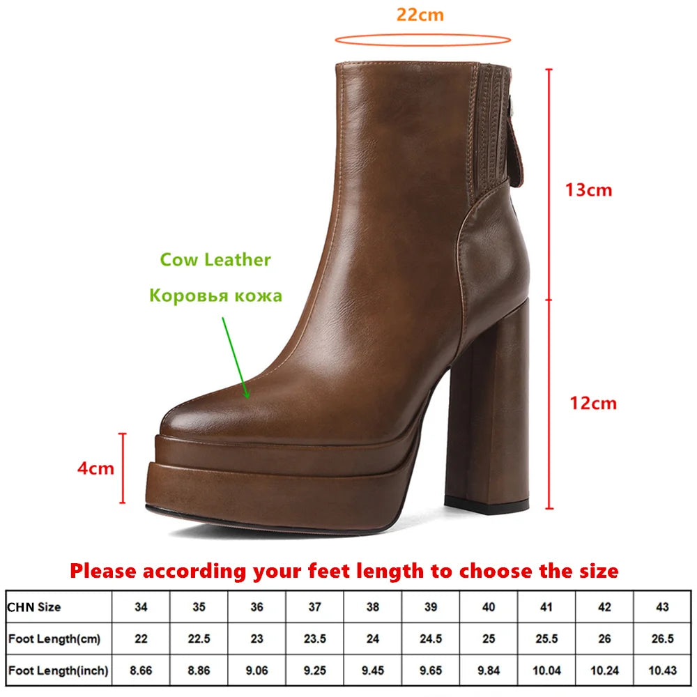 MILI-MIYA Fashion Pointed Toe Women Full Genuine Leather Ankle Boots Solid Color Thick Heels Zippers Dress Party Shoes For Lady.