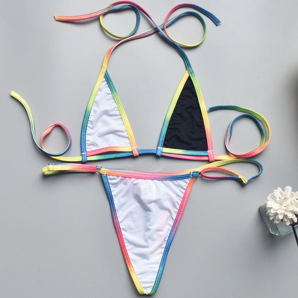 Women Bikini Sexy Three Point MultiColor Thin Straps Lace Up See Through Bikini Top + Panties Brazilian Biquinis