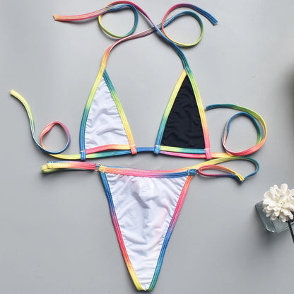 Women Bikini Sexy Three Point MultiColor Thin Straps Lace Up See Through Bikini Top + Panties Brazilian Biquinis